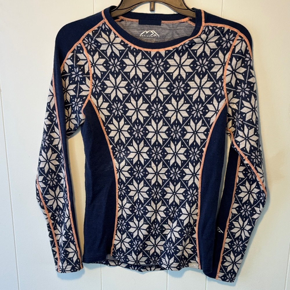 Navy Snowflake 100% Superfine Merino Wool Long-Sleeve Top Size S